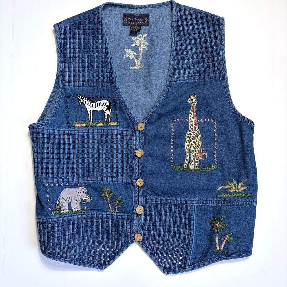 Vintage New Direction Denim Safari Animal Embroidered Vest Size L